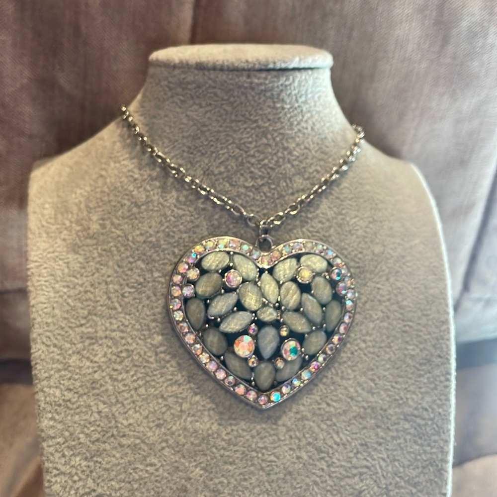 Aurora Borealis Heart Pendant Necklace 28-30” Chain 2” Heart